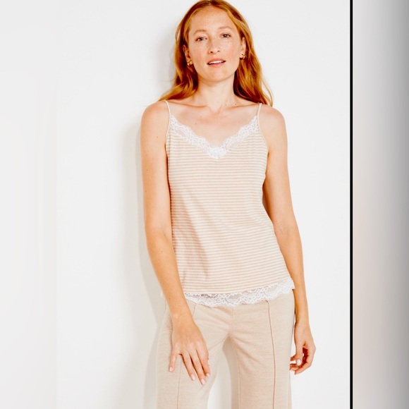 Talbots Organic Cotton Jersey Striped Lace Trim Cami Beige Striped Small NEW - Picture 1 of 10